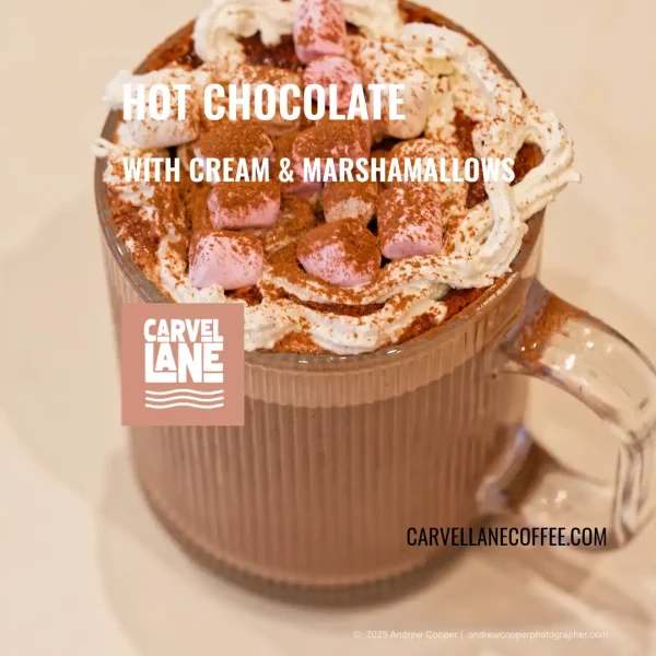 hot chocolate with cream and marshamallows at Carvel Lane Coffee Cowes Isle of Wight