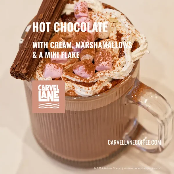 hot chocolate with cream, marshamallows and a mini flake at Carvel Lane Coffee Cowes Isle of Wight